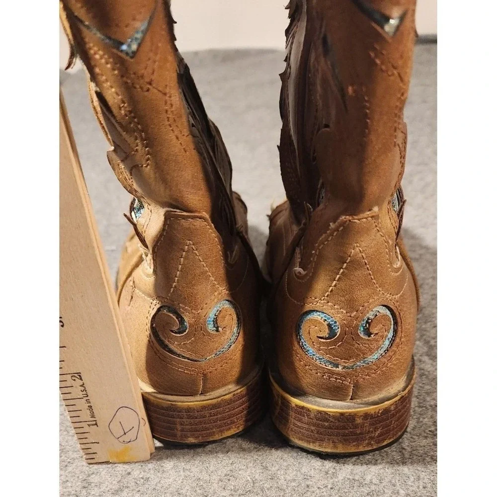 Roper Boots Girls Size 3 Brown Western Cowboy‎ Square Toe Blue Glitter Inlay